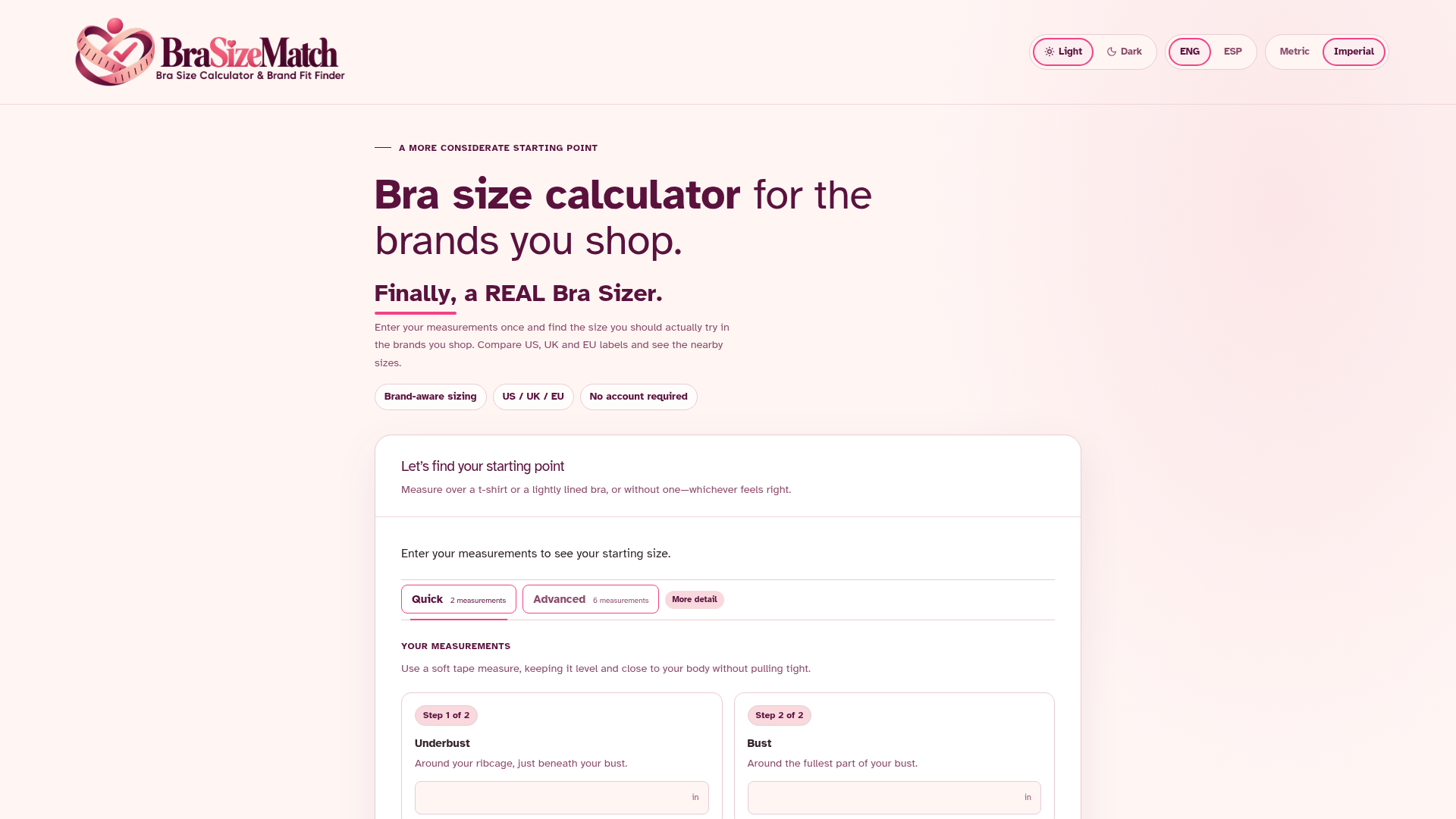 BraSizeMatch website with its bra size calculator and measuring guides