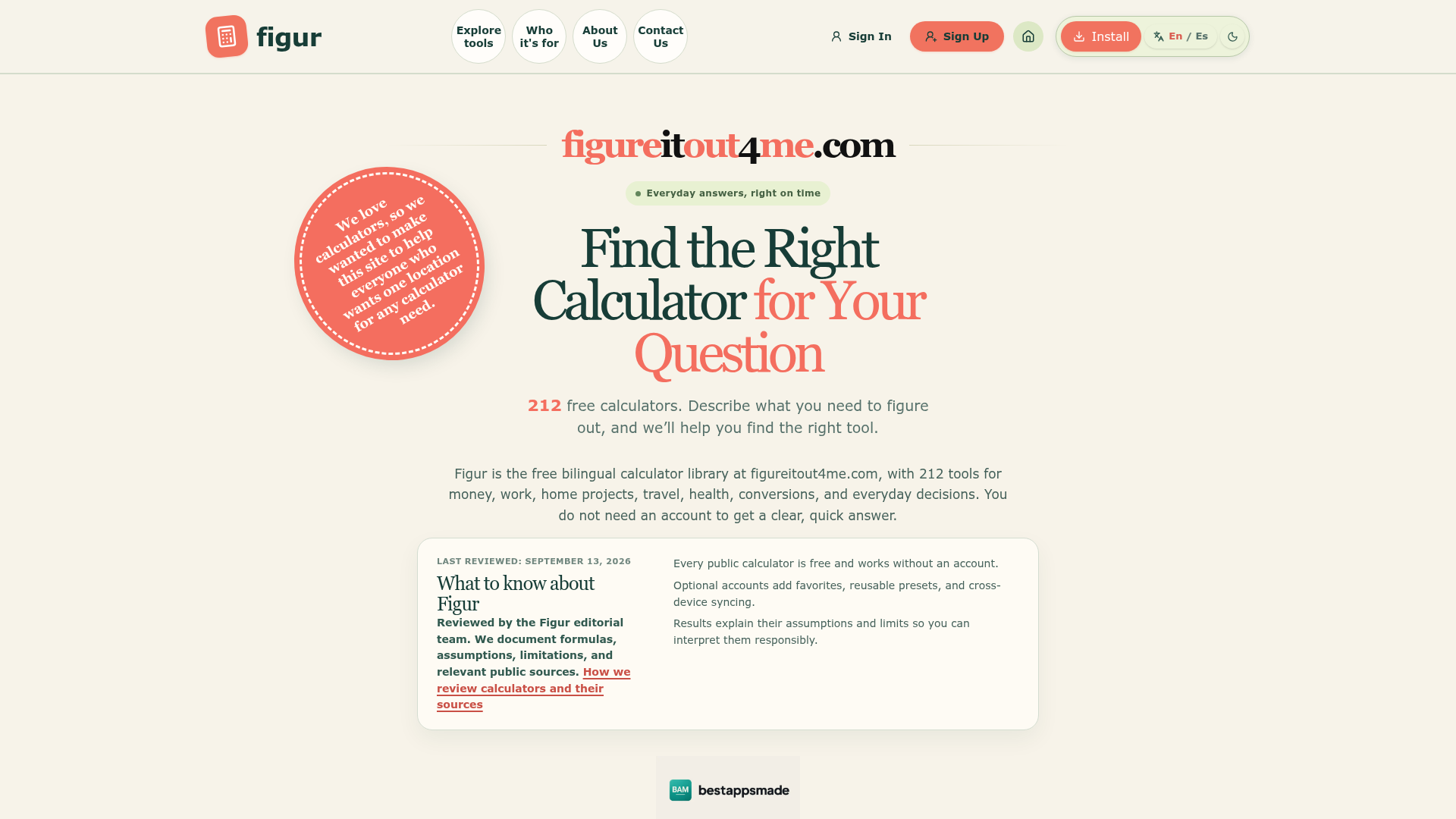 Figur at figureitout4me.com showing its practical calculator catalog